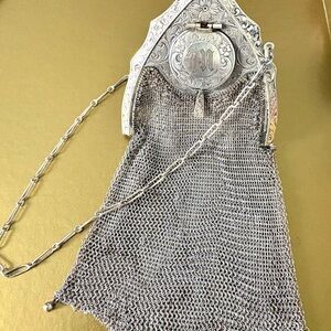 Whiting & Davis Piccadilly Silver Mesh Evening Bag with monogram M circa 1920